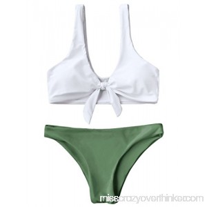 ZAFUL Women's 2PCS Swimsuits Knotted Bralette Bikini Top and Bottoms White and Green B07BP1LB75